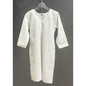 Womens L Short Kurti White Embroidered Faux Pearl Tunic Top